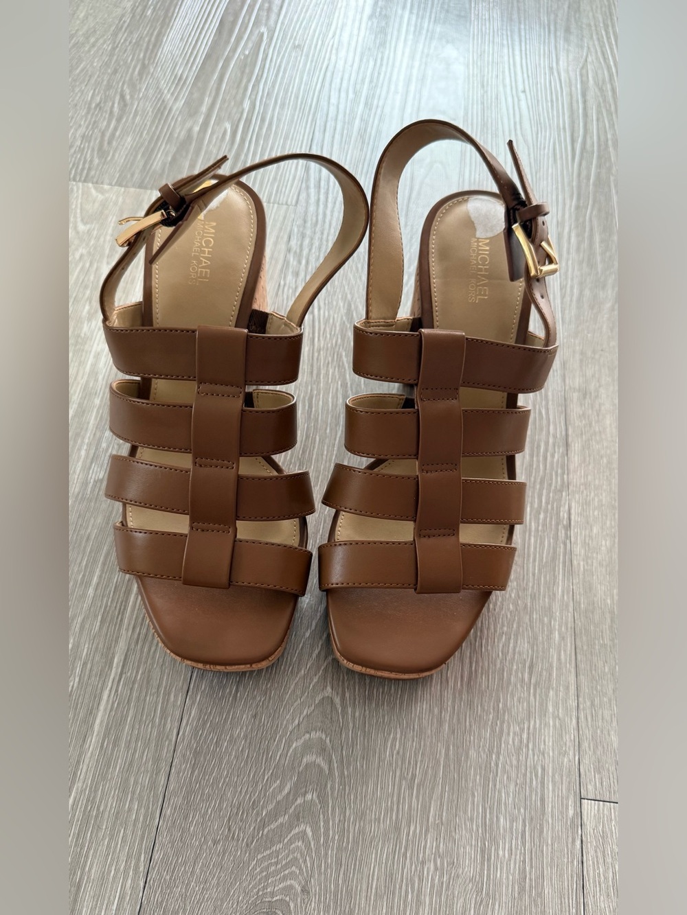 ✨ MICHAEL KORS Brown Strappy Platform Sandals 🤎 Leather Cork Wedge Heels Chic❤️